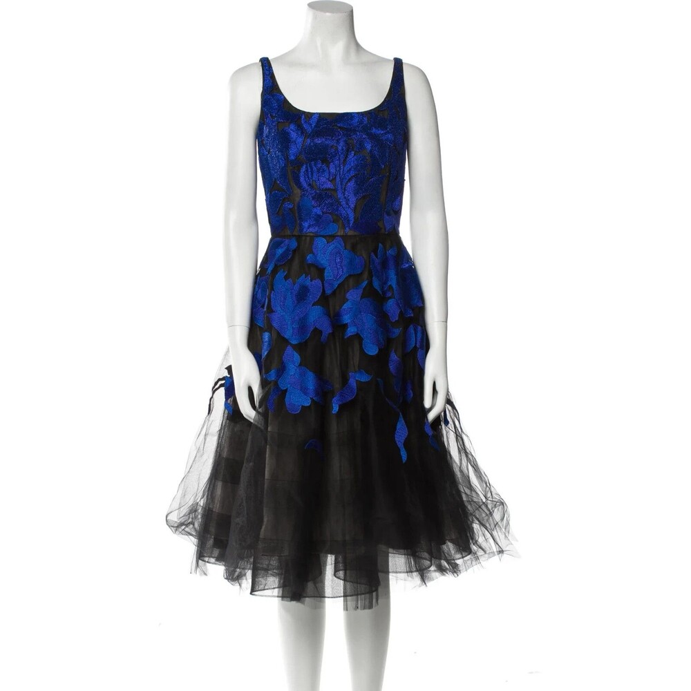NWOT. $6490 OSCAR DE LA RENTA Embroidered Tulle Cocktail Dress Sz 4 blue - Picture 4 of 16
